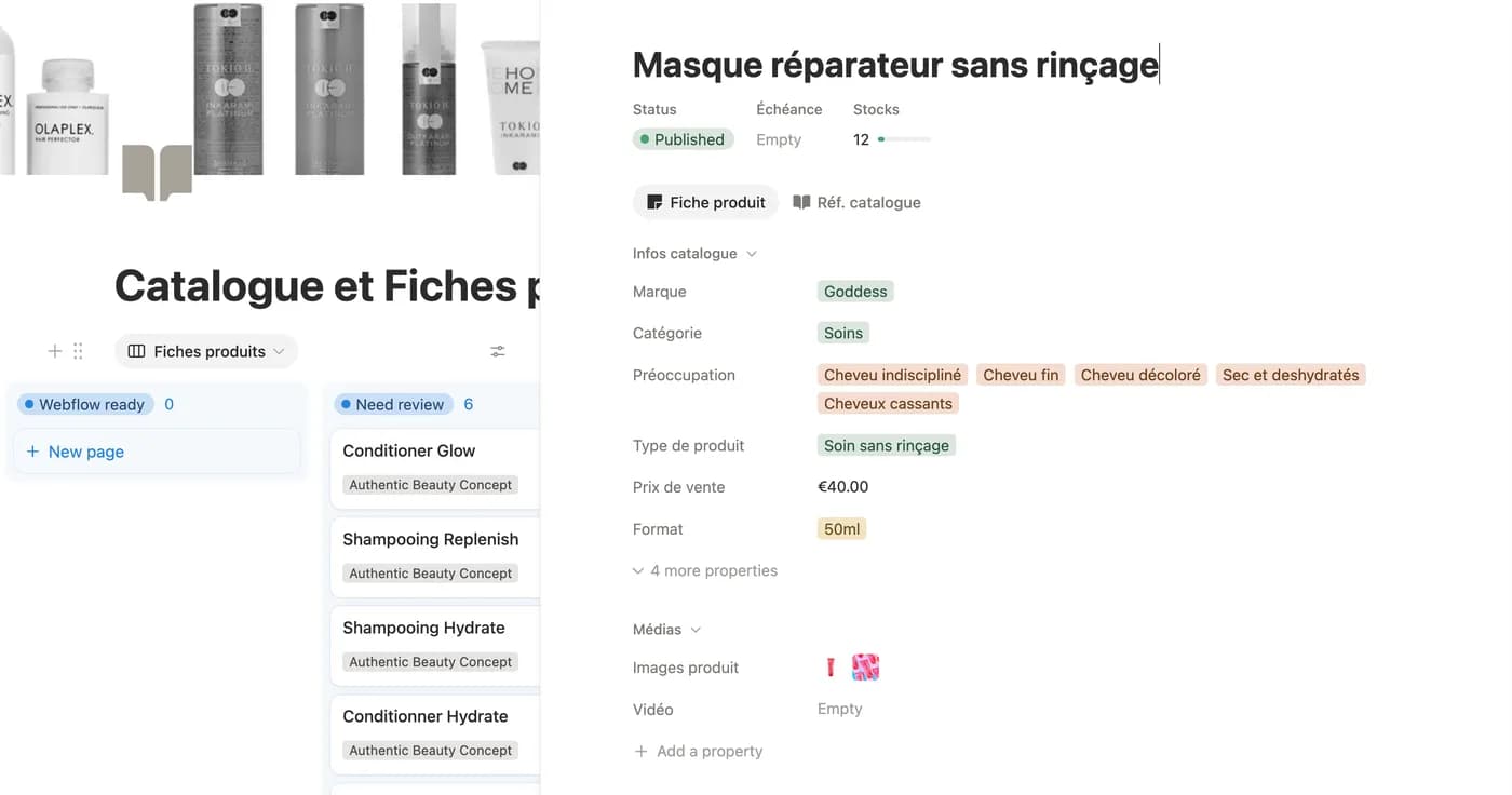 Workflow de publication catalogue, Notion vers boutique Mama